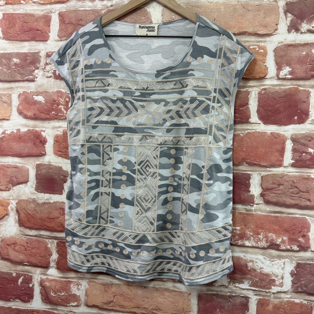 Anthropologie Savanna Jane Shirt Women's M Boho Aztec Camo Embroidered Top - Picture 6 of 8